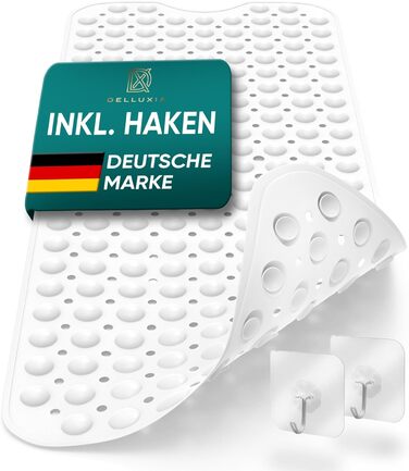Протиковзкий килимок для ванни Delluxia 100×40 см, білий, BPA Free, з 2 гачками