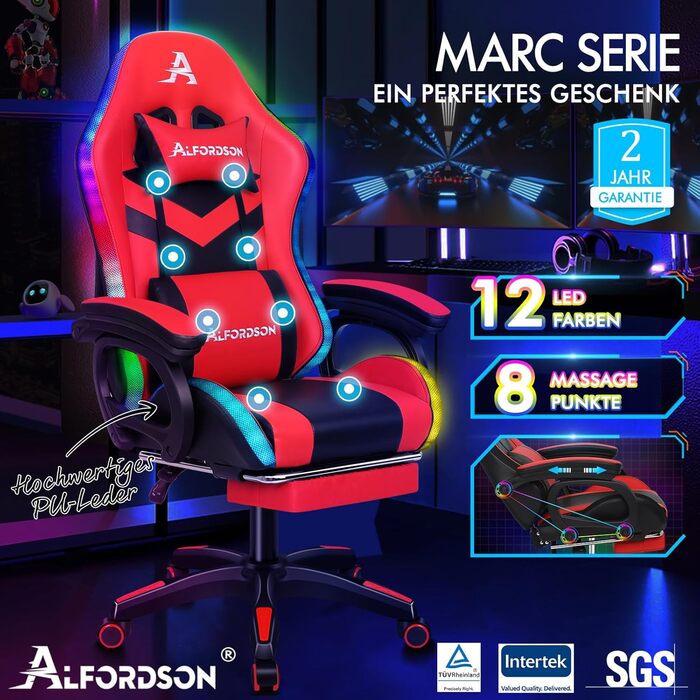 Ігрове крісло ALFORDSON з масажем, 8-точкове, RGB LED, 12 кольорів, ергономічне, з підставкою для ніг, підголівником і поперековою подушкою, для дітей і дорослих, червоне, PU-шкіра