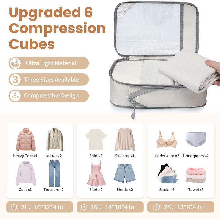 Набір компресійних органайзерів для одягу в подорожі, 6 шт, прозорі пакувальні куби для валізи, легкі та міцні, бежевий колір