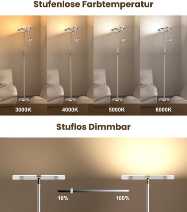 Світлодіодна торшерна лампа ANTENLICHT KAKA- 20Вт срібляста з гнучкою 7Вт лампою для читання, диммуванням, пультом та 4 режимами світла для вітальні, спальні, офісу, готелю