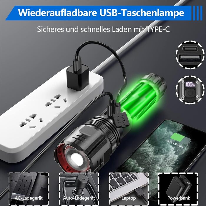 Ліхтарик daphomeu LED акумуляторний 500000 люмен, надяскравий, тактичний, зум, водонепроникний, 5 режимів для кемпінгу, туризму, надзвичайних ситуацій