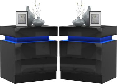 Комплект з 2 чорних приліжкових тумб Lvhcmfohm з LED підсвіткою, 2 шухляди і відкидною кришкою, для спальні та вітальні, 45x35x52 см