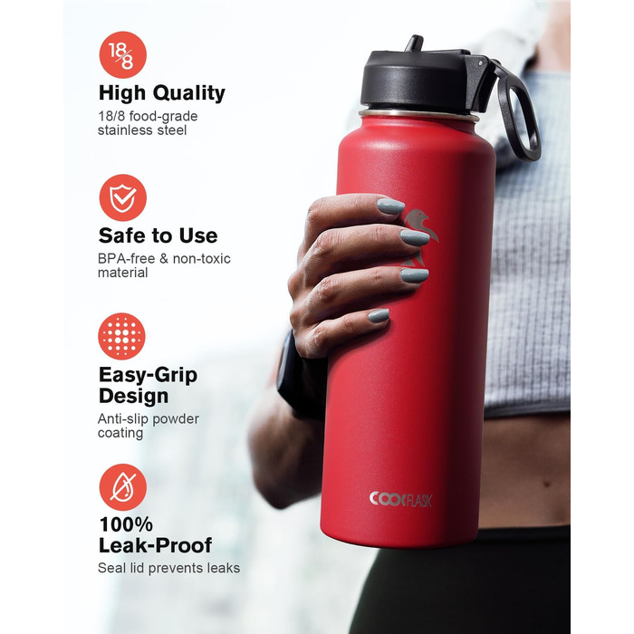 Термопляшка Coolflask з соломинкою та 3 кришками, 1.2 л, нержавіюча сталь, червона — ізольована спортивна пляшка для води, офісу та подорожей, герметична