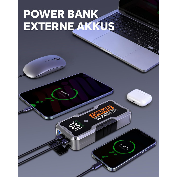 Бустерний пускач CARHEV 7000A для авто 12В (до 10.0L бензин/дизель), Powerbank з QC 3.0 USB та LED-ліхтарем