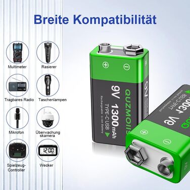 Акумулятор 9V Li-ion 1300mAh з USB-C зарядкою, перезаряджувана батарея типу «Крона» для мультиметрів та датчиків диму (2 шт)