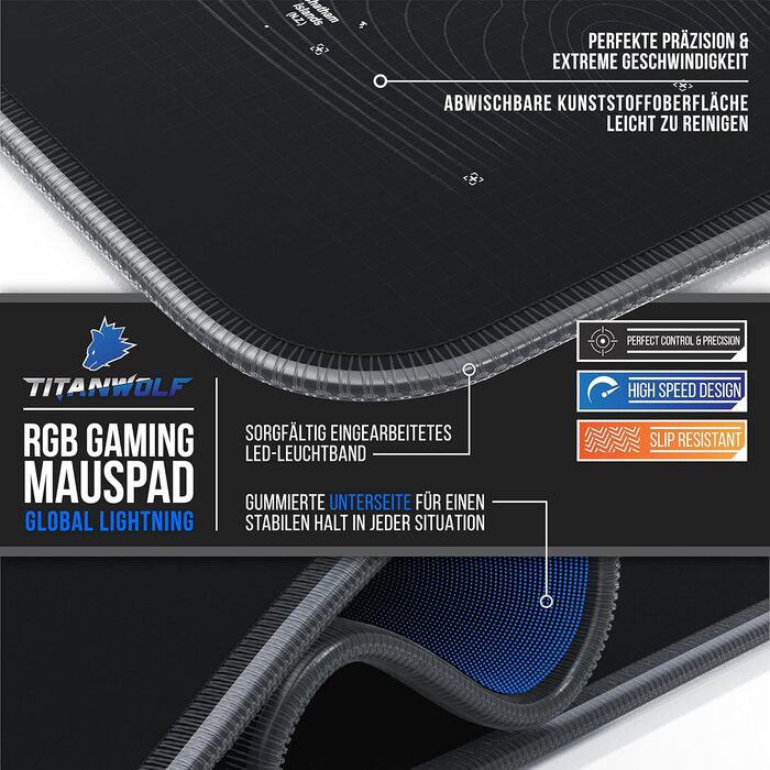 Килимок для миші TITANWOLF XXXL RGB з підсвічуванням LED, 1200 x 600 мм – для геймінгу, з гумовою основою, карта світу