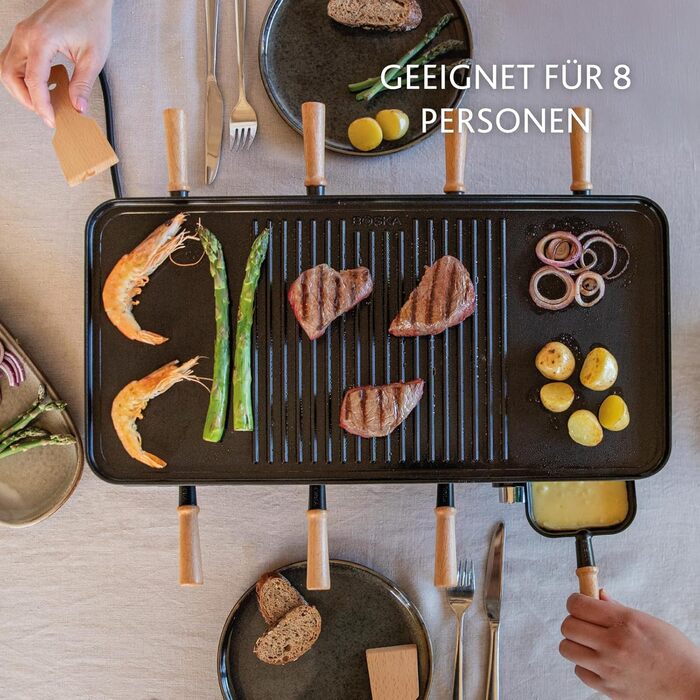 Рашетт BOSKA Raclette Gourmet Party на 8 осіб – гриль з керамічною поверхнею, ручки з бука, поворотна алюмінієва пластина, чорний колір