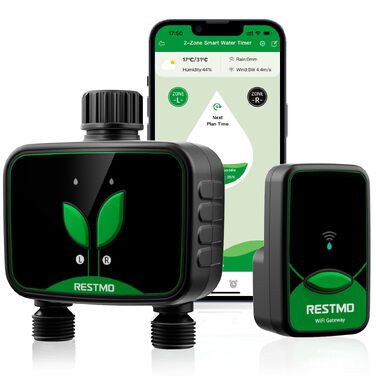 Таймер для поливу RESTMO WiFi, 2 зони, для саду та газону, програмований, для зовнішніх кранів