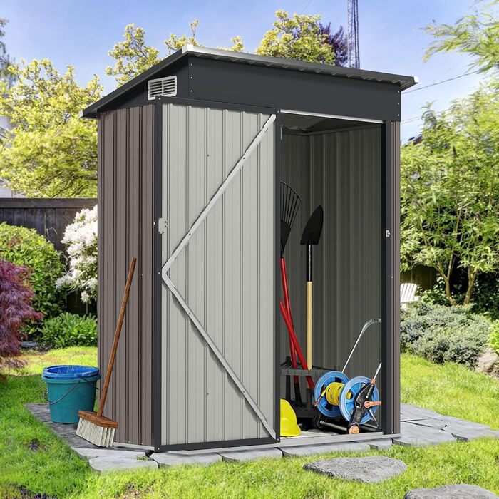 Металевий садовий будиночок COSTWAY 150x90,5x185 см, 1,5 м³, з односхилим дахом та дверима, замиканий, для інструментів, сірий
