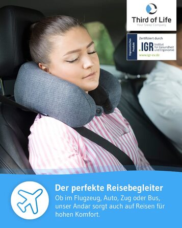 Ергономічна подушка для шиї ANDAR QuickDry з Memory-Foam для подорожей, швидковисихаючий чохол, проти болю в шиї, сіра, для літака, авто