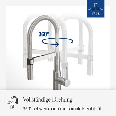 Змішувач кухонний Villeroy & Boch Steel Expert Compact, нержавіюча сталь, поворотний вилив, економія води, висота 143 мм