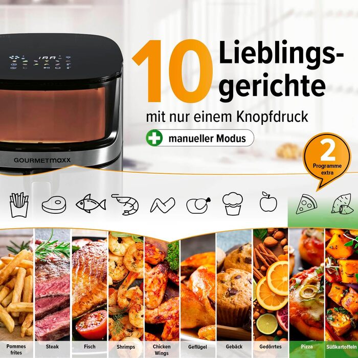 GOURMETmaxx 4в1 цифрова аерофритюрниця 2200 Вт, 7,5 л, нержавіюча сталь/чорна, 10 програм, енергозберігаюча, сенсорний дисплей, таймер