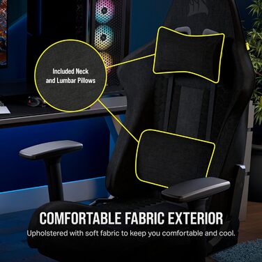 Ігрове крісло Corsair TC100 Relaxed, текстильне, чорне, ергономічне, з подушкою для попереку та знімною подушкою для шиї з memory-піни, регульовані підлокітники, стиль автоспорту