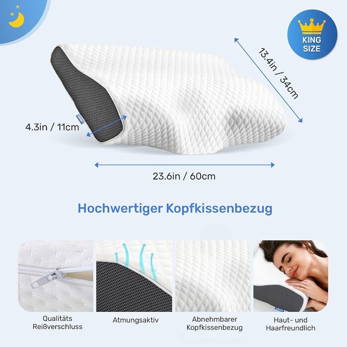 Ортопедична подушка з ефектом пам'яті Derila Memory Foam для шиї та голови, для сну на боці, розмір King Size (60 x 35 см)