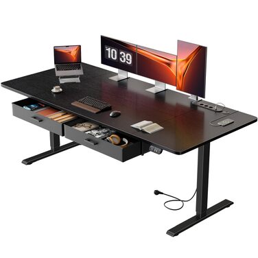 Електричний регульований стіл з шухлядами HLONONE 160x80 см, з розетками та USB, функція пам'яті, чорний