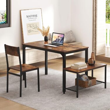 Обідній гарнітур sogesfurniture 4 предмети: стіл 110×70×76 см, 2 стільці, лавка, металевий каркас, прямокутний кухонний стіл з полицею для вітальні, їдальні, вінтажний коричневий