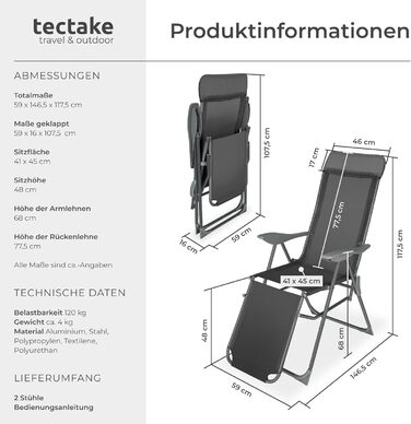 Набір з 2 шт. лежаків для відпочинку Tectake® з алюмінію, садова мебель, 5-позиційна спинка, підставка для ніг, легкі та складані, крісло-релакс з підголовником, для саду, балкону, кемпінгу - антрацит
