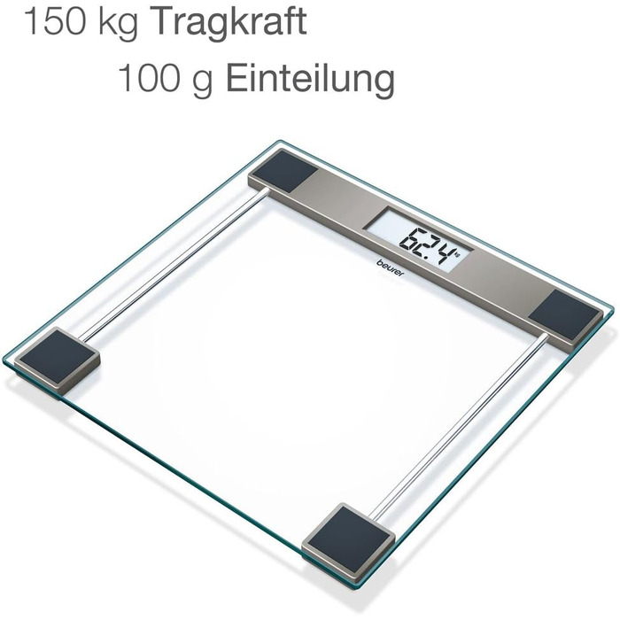 Ваги підлогові Beurer Cristal GS 11, скляні, електронні, LCD-дисплей, до 150 кг, прозорі