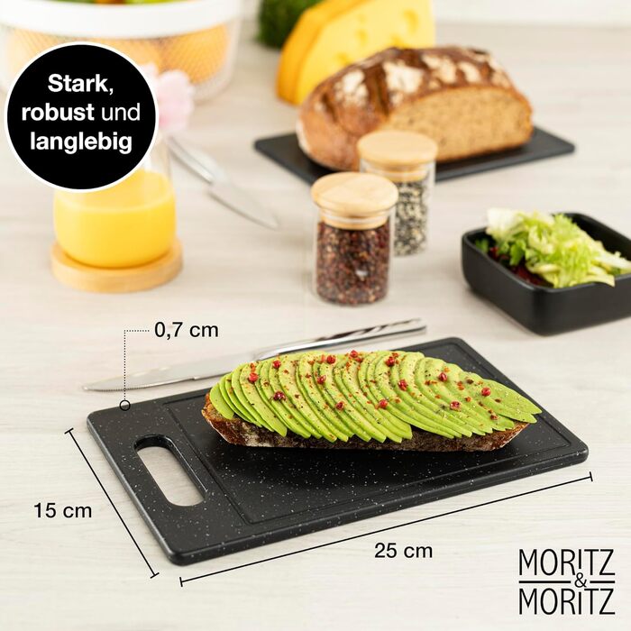 Набір 4 кухонних дошок Moritz & Moritz з пластику з соковідводом, граніт, 25x15 см, BPA Free, для нарізки, сніданку, гігієнічні, для посудомийки, чорні