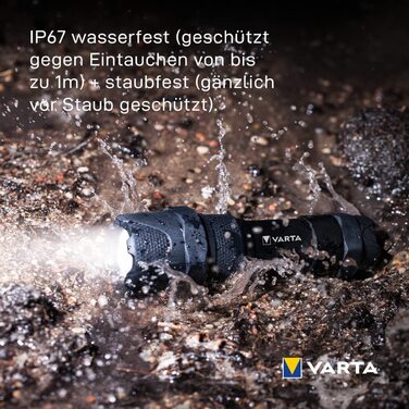 Ліхтарик VARTA Indestructible F10 Pro LED 6 Вт з 3 батарейками AAA, водо- та пилозахищений, ударостійкий, робочий ліхтар з двома режимами освітлення