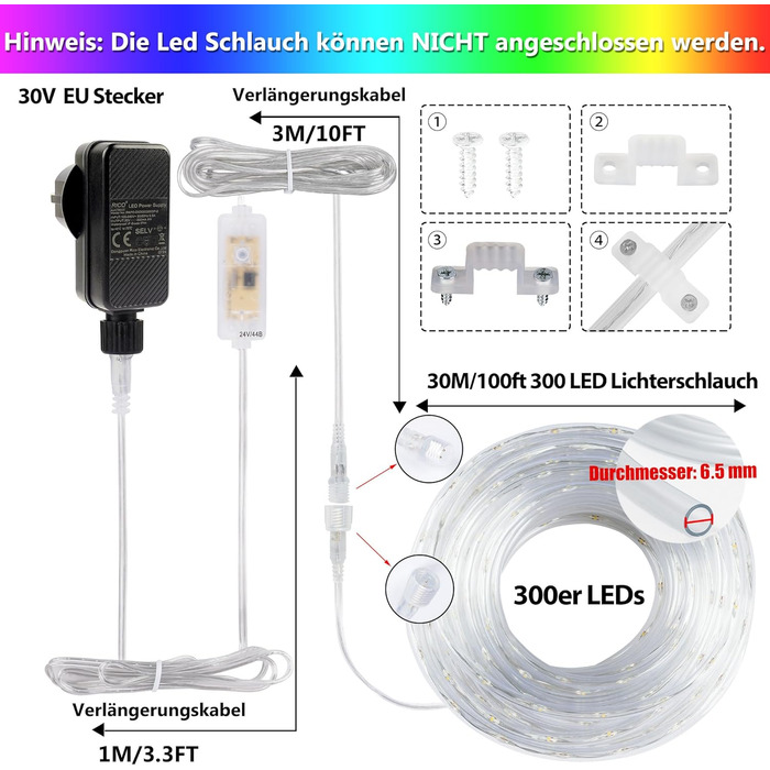 Світлодіодна гірлянда-шланг 30 м StarryEver, 300 LED, теплий білий та 24 різнокольорових, для вулиці, з пультом для саду