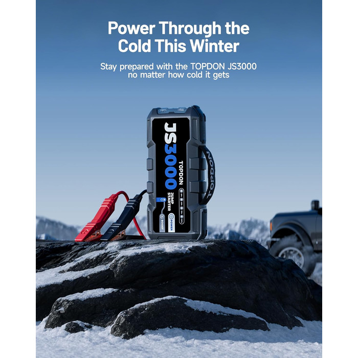 TOPDON JS3000 Powerbank-пускозарядний пристрій для авто, 24000mAh, 3000A, сумісний з бензиновими (9L) та дизельними (7L) двигунами, вбудований LED, EVA-сумка