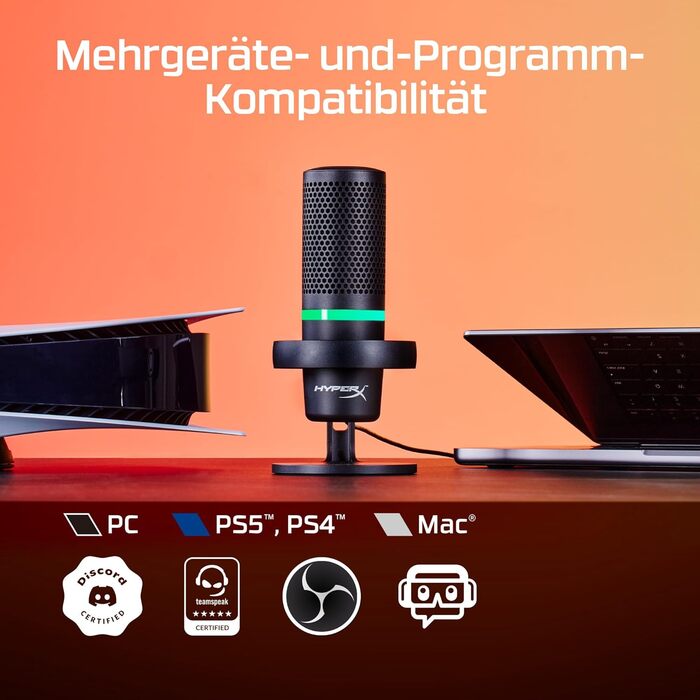 HyperX DuoCast USB конденсаторний мікрофон з RGB підсвіткою, вбудованим поп-фільтром, антивібраційним кріпленням, регулюванням підсилення, сумісний з ПК, PS5, PS4, Mac, чорний