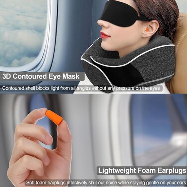 Ергономічна подушка для подорожей Collazoey з ефектом пам'яті (Memory Foam) для шиї, набір з маскою для сну, берушами та сумкою для зберігання, темно-сіра