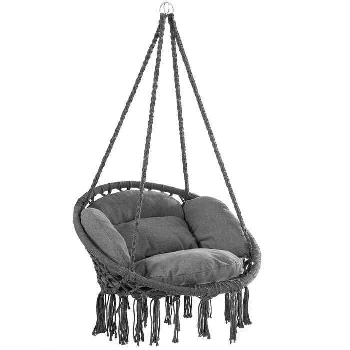 DETEX® Гамак-крісло підвісне до 150 кг, Boho стиль, стійке до погодних умов, сертифікат GS, для саду, 360° обертання, антрацит, для дому та вулиці, з зручною подушкою