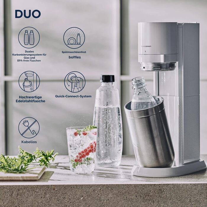 Сифон для газування води SodaStream Duo, з пластиковою пляшкою 1 л (BPA-free), скляним графином 1 л та циліндром CO2 на 60 л (швидке підключення), чорний