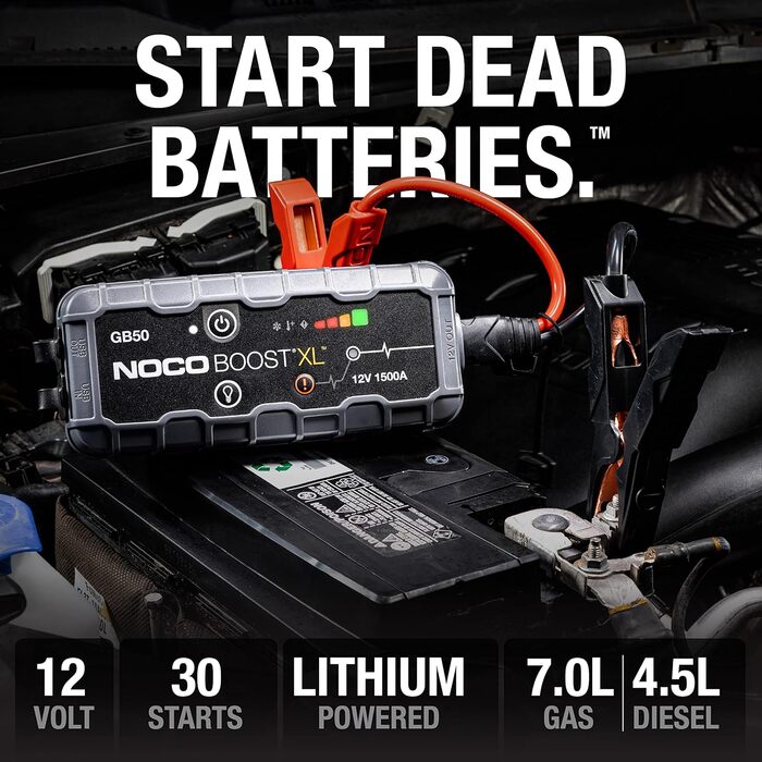 Портативний пусковий пристрій NOCO Boost GB50: 1500A UltraSafe – акумуляторний стартер для автомобілів (бензин до 7.0L, дизель до 4.5L) з кабелями