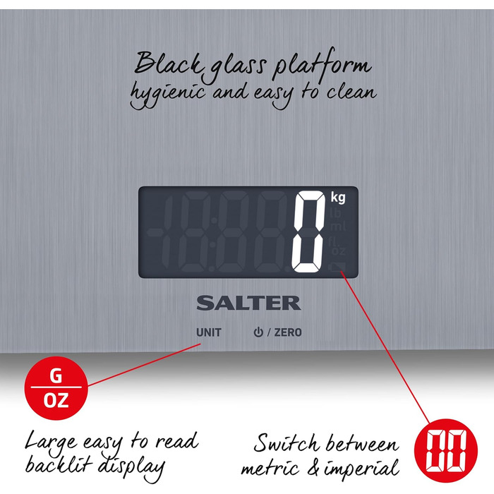 Електронні кухонні ваги Salter 1103 SSDR, до 5 кг, нержавіюча сталь, LCD-дисплей, тара, вимірювання рідин, метрична/імперська шкала, компактний дизайн