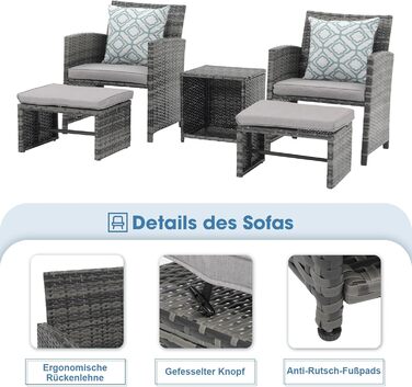 Садовий набір меблів OC Orange-Casual 5 предметів: плетена терасна група з кріслами, пуфами та столом, подушки в комплекті, сірий