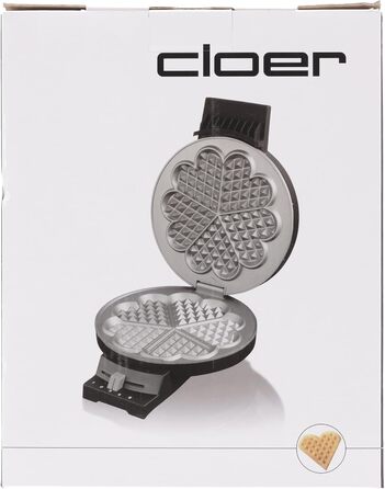 Електрична вафельниця Cloer 180 Вт, 930 Вт, для серцевидних вафель 16 см, метал, чорна, важкі антипригарні пластини, світловий і звуковий сигнал про готовність