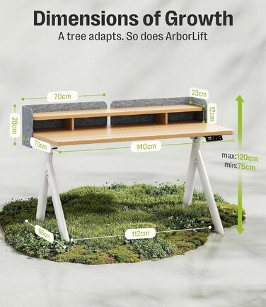 Електричний регульований стіл MAIDeSITe Arbor Lift 140x70 см білий/дуб з підставкою для монітора та акустичною перегородкою