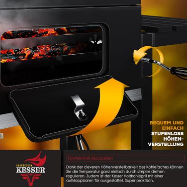 Гриль KESSER® Grillwagen BBQ Smoker XL з коліщатками, термометром та аксесуарами. Чорний котел для барбекю з нержавіючої сталі, решітка та 8 шампурів