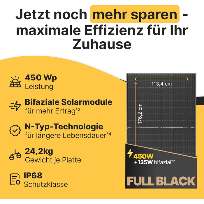 Сонячна панель Solakon 450W Bifacial Glass-Glass N-Type, монокристалічний сонячний модуль 40V для фотоелектричних систем та балконних електростанцій (комплект 2 шт)