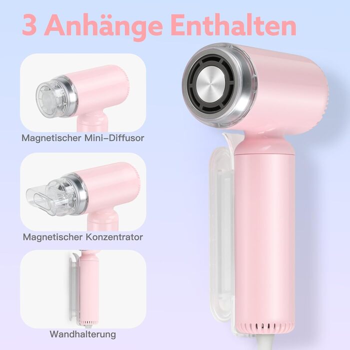 Фен Webeauty іонний, суперлегкий, 110 000 об/хв, 200 млн негативних іонів, швидке сушіння, портативний для подорожей і дому, рожевий