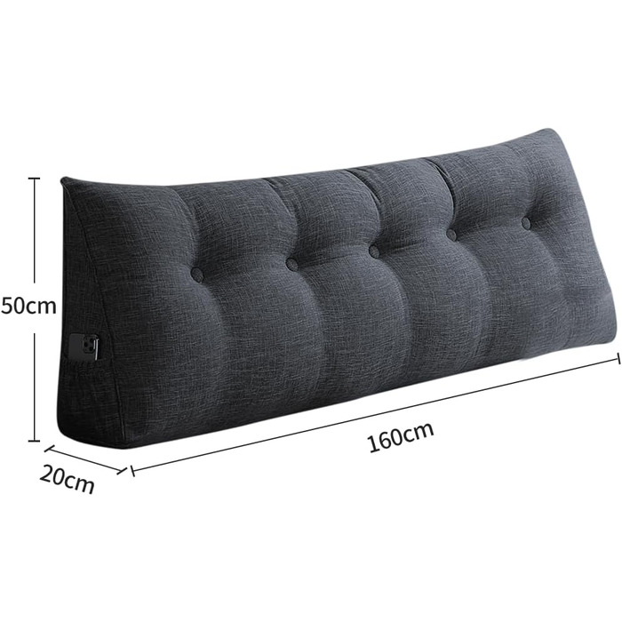Подушка трикутна для спини OHMG 160x50x20 см темно-сіра з кишенею, для ліжка та дивана, знімний чохол