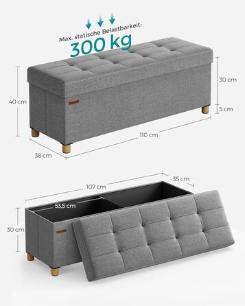 Складаний пуф SONGMICS з місцем для зберігання, на ніжках, 76×38×40 см, до 300 кг, для вітальні, спальні, сіро-голубий