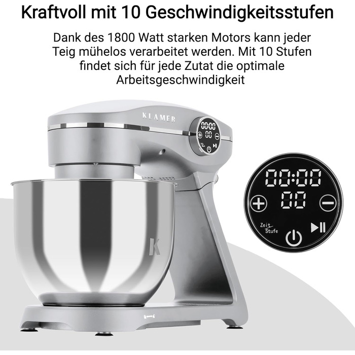 Кухонний комбайн KLAMER 1800W — планетарний міксер для тіста з чашею з нержавіючої сталі 6л, 10 швидкостей, таймером та набором насадок (гак, вінчик, міксер), сріблястий
