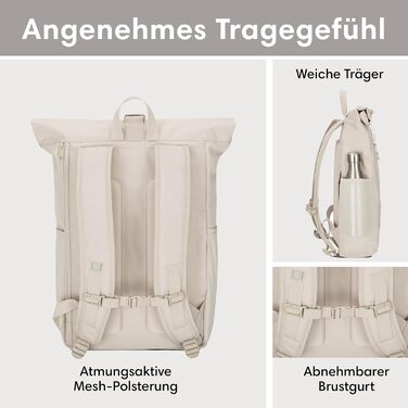 Жіночий рюкзак LARKSON Rolltop бежевий, водостійкий, антивандальний, для ноутбука 16'', школа, університет, велосипед, екологічний