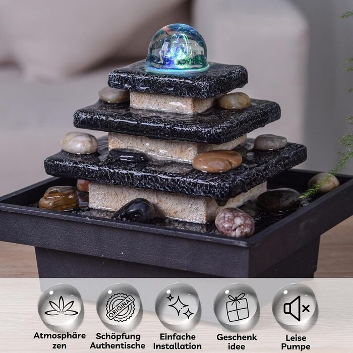 Настільний фонтан-каскад Eka Zen'light у вигляді храму зі сходами та кольоровою підсвіткою, бежево-чорний, 18x20x18 см — ديكоративний Zen-фонтан для релаксації