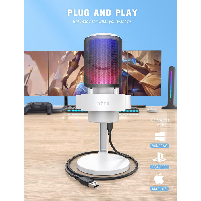 USB мікрофон FIFINE для ПК, ігровий, для стрімінгу, подкастів та студії, з RGB підсвіткою, кнопкою вимкнення звуку, роз'ємом для навушників і поп-фільтром, сумісний з PS4, PS5, Mac