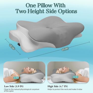 Ортопедична подушка з піни Memory Foam для сну на боку, Queen Size (23.2x15.1x4.7 см), сіра - підтримка шиї та комфорт при болях у спині та плечах