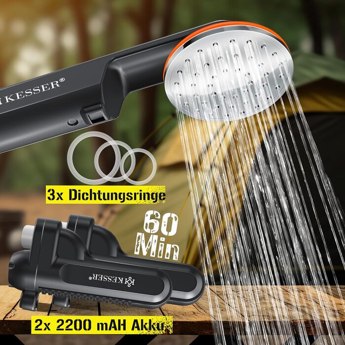 Кемпінгова душова система KESSER® з акумулятором та ручною лійкою, 2 x 2200mAh, USB, для кемпінгу, саду, авто, відпочинку на природі, миття собак, миття авто, з сумкою, 12V насос (чорний/оранжевий)