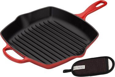 Le Creuset чавунна квадратна гриль-сковорода Signature 26 см, червона + класичний силіконовий чохол на ручку, чорний/червоний