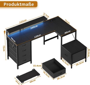 Кутовий стіл Devoko з розетками та USB, 160x120 см, чорний - для дому та геймінгу