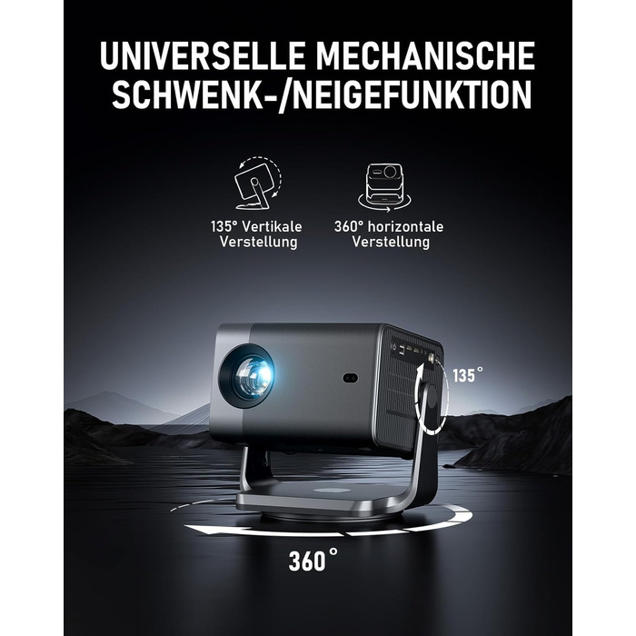 Смарт-проектор VISSPL 4K Full HD 1080P, 1000 ANSI люмен, WiFi 6, Bluetooth, автофокус та корекція трапецієподібних викривлень, для домашнього кінотеатру та використання на відкритому повітрі (Чорний)
