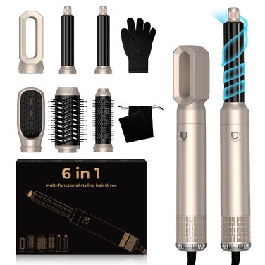 UKLISS Hairstyler 6 в 1: Професійний набір для укладки волосся (фен-щітка, плойка, випрямляч) 1000W, срібно-золотий